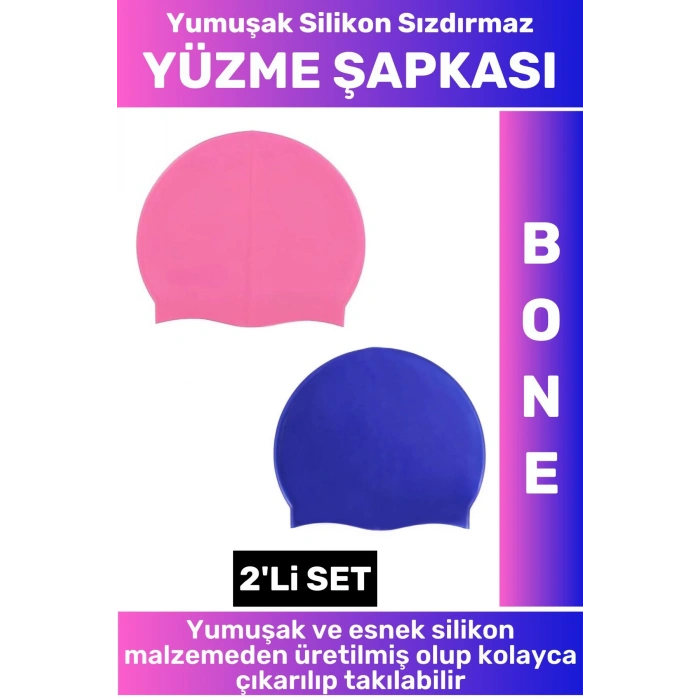Özel Üretim Su Geçirmez Elastik Yumuşak Yüzücü Havuz Deniz Yüzme Şapkası Silikon Bone 2Li SET