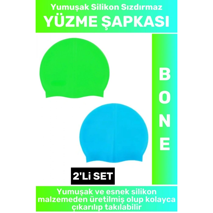 Özel Üretim Su Geçirmez Elastik Yumuşak Yüzücü Havuz Deniz Yüzme Şapkası Silikon Bone 2Li SET