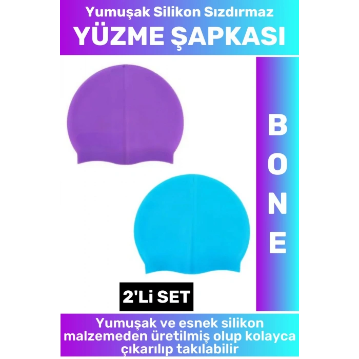 Özel Üretim Su Geçirmez Elastik Yumuşak Yüzücü Havuz Deniz Yüzme Şapkası Silikon Bone 2Li SET
