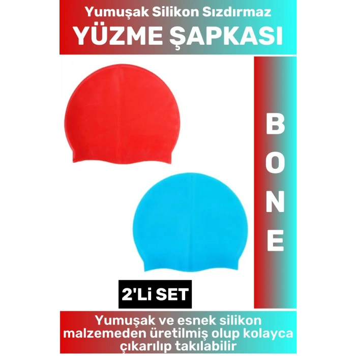 Özel Üretim Su Geçirmez Elastik Yumuşak Yüzücü Havuz Deniz Yüzme Şapkası Silikon Bone 2Li SET