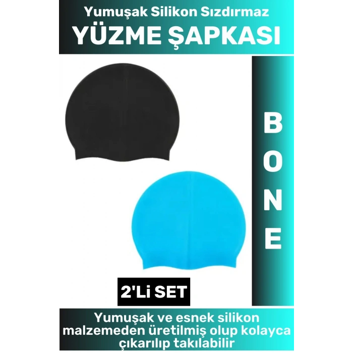 Özel Üretim Su Geçirmez Elastik Yumuşak Yüzücü Havuz Deniz Yüzme Şapkası Silikon Bone 2Li SET