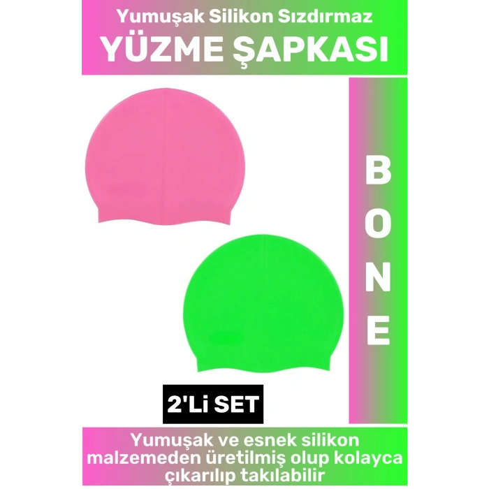 Özel Üretim Su Geçirmez Elastik Yumuşak Yüzücü Havuz Deniz Yüzme Şapkası Silikon Bone 2Li SET