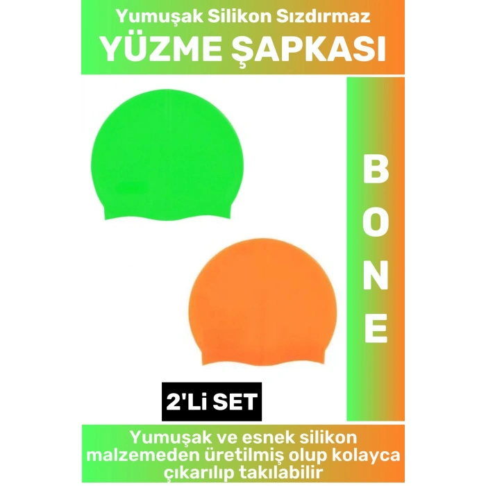 Özel Üretim Su Geçirmez Elastik Yumuşak Yüzücü Havuz Deniz Yüzme Şapkası Silikon Bone 2Li SET