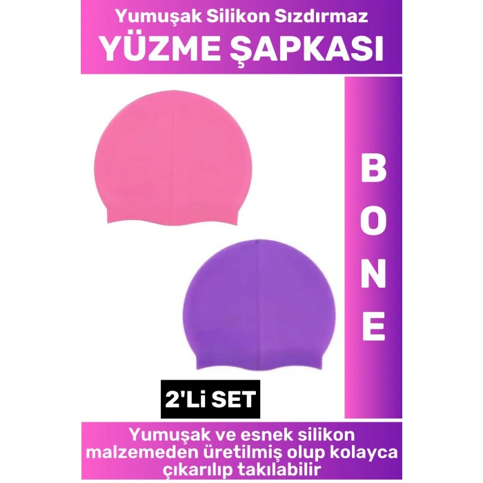 Özel Üretim Su Geçirmez Elastik Yumuşak Yüzücü Havuz Deniz Yüzme Şapkası Silikon Bone 2Li SET
