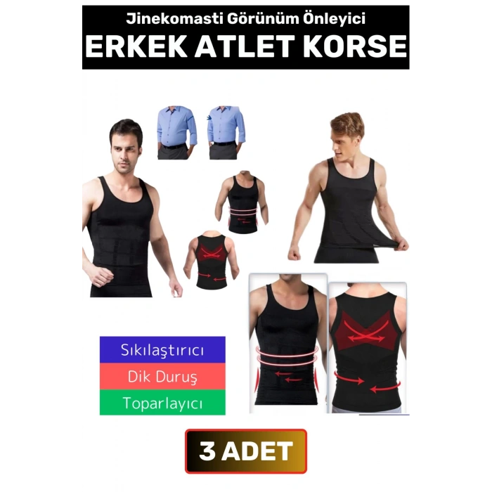 Özel Üretim Jinekomasti Dik Duruş Toparlayıcı Göbek Sıkılaştırıcı Elastik Erkek Atlet Korse 3 Adet