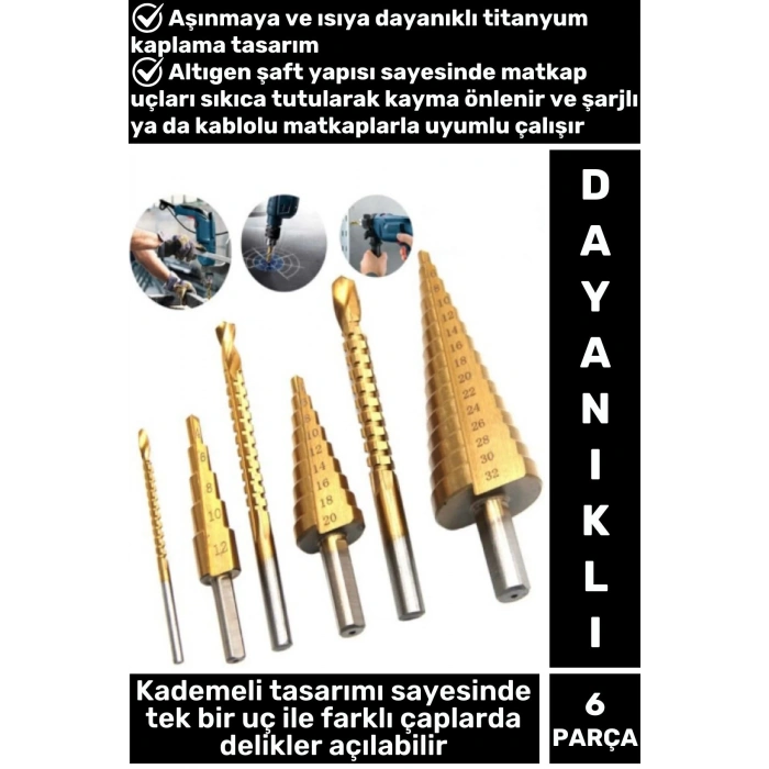 Isıya Aşınmaya Dayanıklı Ahşap Metal Plastik Kablolu Şarjlı Uyumlu 6lı Kademeli Matkap Ucu Seti