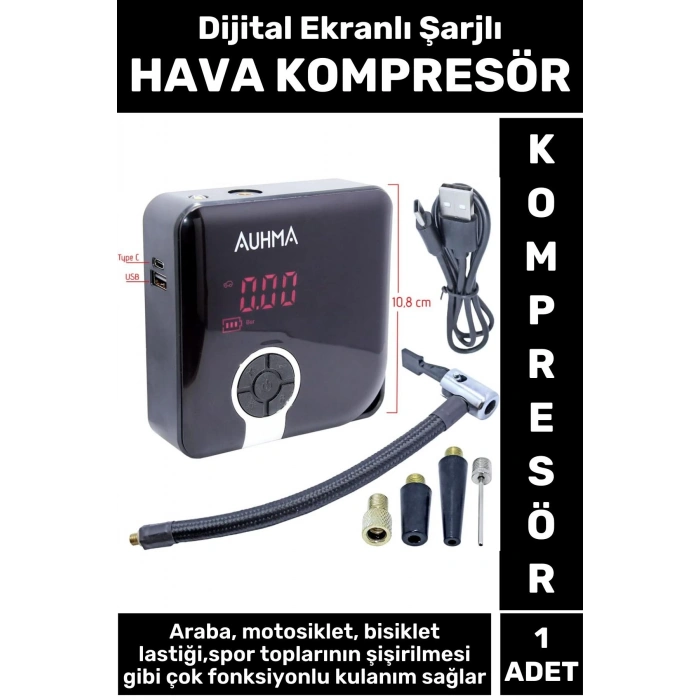 Premium Yüksek Basınçlı Motosiklet Bisiklet Top Lastik Şişirme Şarjlı Dijital Ekranlı Hava Kompresör