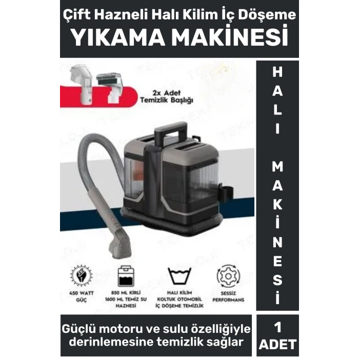 450 Watt Motor Halı Kilim Koltuk Oto Döşeme Yıkama Temiz Kirli Su Hazneli 2 Başlıklı Yıkama Makinesi