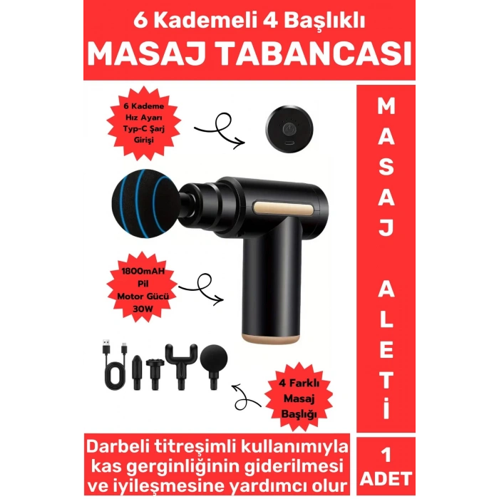 Premium 4 Başlıklı 6 Hız Ayarı Kas Gevşetici Spor Gündelik Şarjlı Darbeli Titreşimli Masaj Tabancası