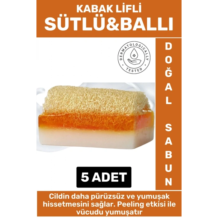 Özel Üretim Masaj Etkili Nemlendirici Kuruluk Giderici Doğal Kabak Lifli Sütlü Ballı Sabun 5 Adet
