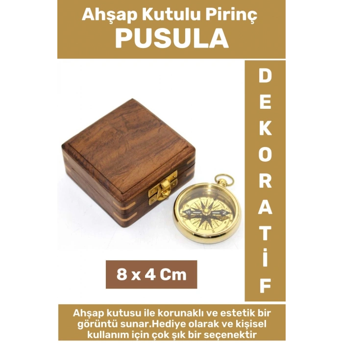 Premium Erkek Arkadaş Sevgili Baba Özel Hediyelik Dekoratif Koleksiyon Ahşap Kutulu Pirinç PUSULA