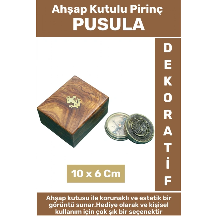 Premium Erkek Arkadaş Sevgili Baba İçin Hediyelik Dekoratif Koleksiyon Ahşap Kutulu Pirinç PUSULA