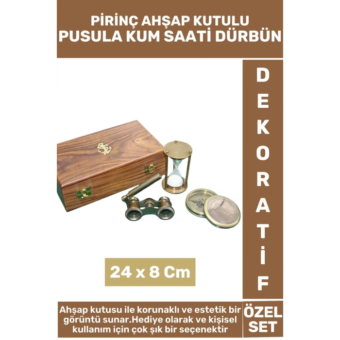 Yüksek Kaliteli Hediyelik Dekoratif Koleksiyon Ahşap Kutu Pirinç Pusula Dürbün Kum Saati Premium Set