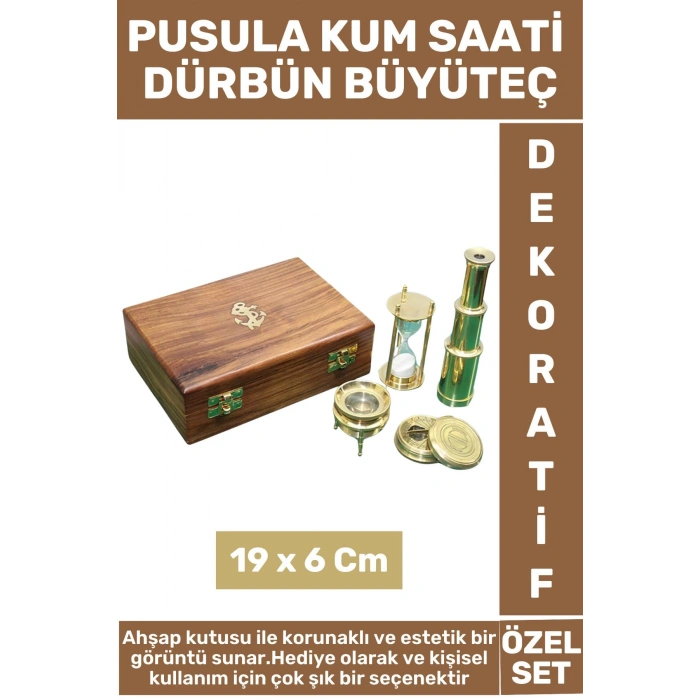 Yüksek Kaliteli Hediyelik Dekoratif Koleksiyon Ahşap Kutulu Pusula Dürbün Kum Saati Büyüteç Özel Set