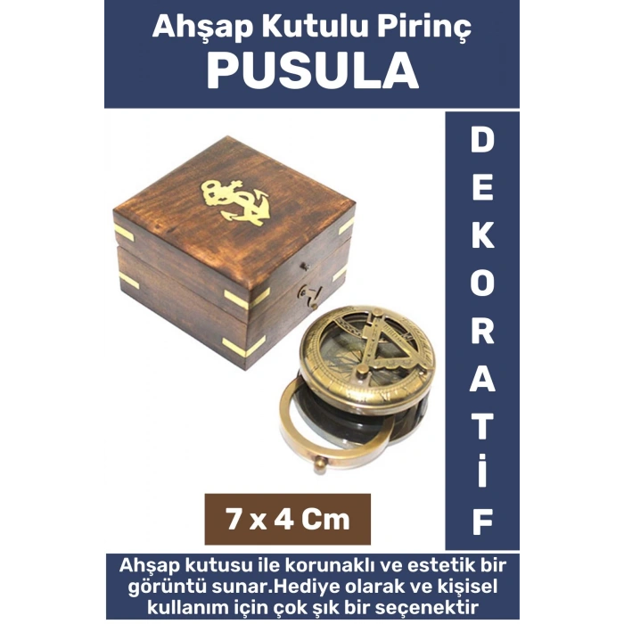 Premium Erkek Arkadaş Sevgili Hediyelik Koleksiyon Denizci Dekoratif Ahşap Kutulu Pirinç PUSULA