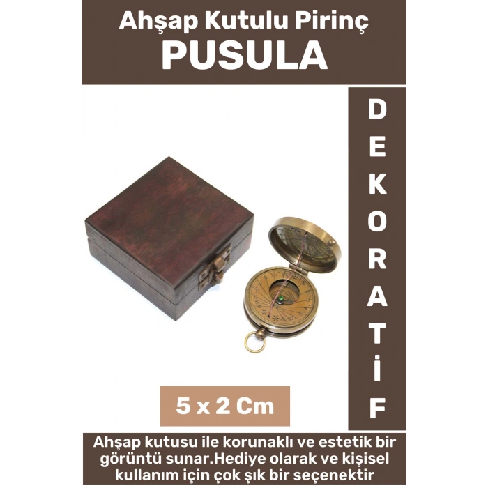 Premium Seri Erkek Arkadaş Sevgili Hediyelik Koleksiyon Dekoratif Ahşap Kutulu Pirinç PUSULA