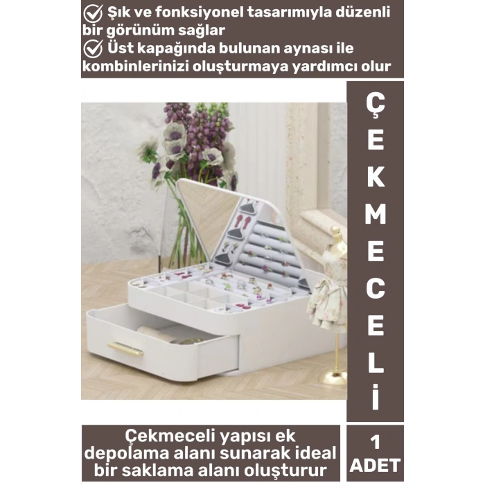 Yüksek Kaliteli Makyaj Yüzük Kolye Küpe Düzenleyici Çok Şık Bölmeli Çekmeceli Aynalı Takı Organizeri