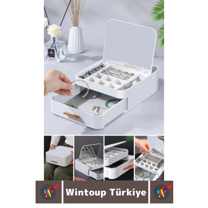 Yüksek Kaliteli Makyaj Yüzük Kolye Küpe Düzenleyici Çok Şık Bölmeli Çekmeceli Aynalı Takı Organizeri