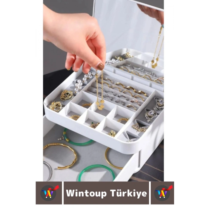 Yüksek Kaliteli Makyaj Yüzük Kolye Küpe Düzenleyici Çok Şık Bölmeli Çekmeceli Aynalı Takı Organizeri