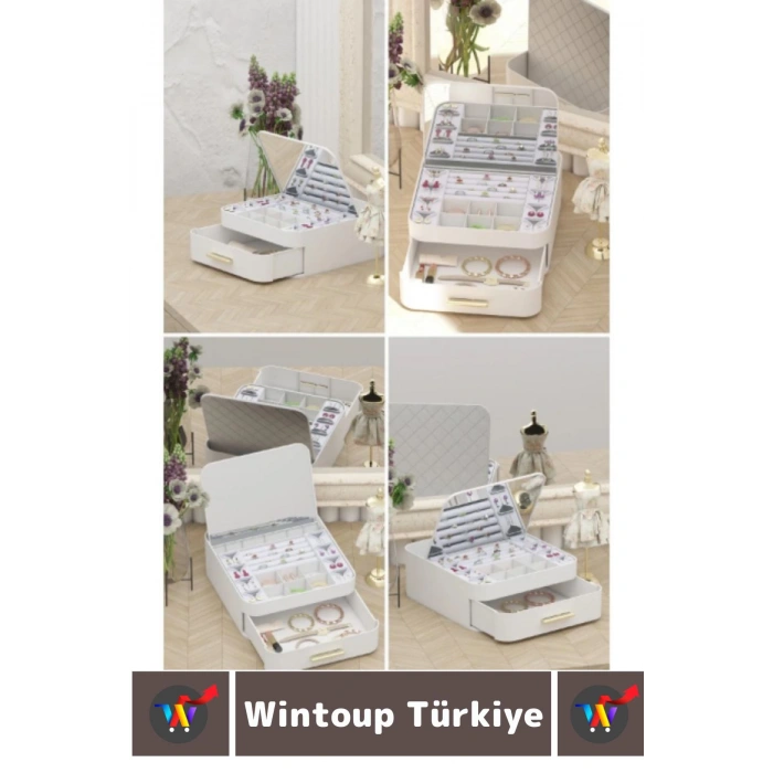 Yüksek Kaliteli Makyaj Yüzük Kolye Küpe Düzenleyici Çok Şık Bölmeli Çekmeceli Aynalı Takı Organizeri