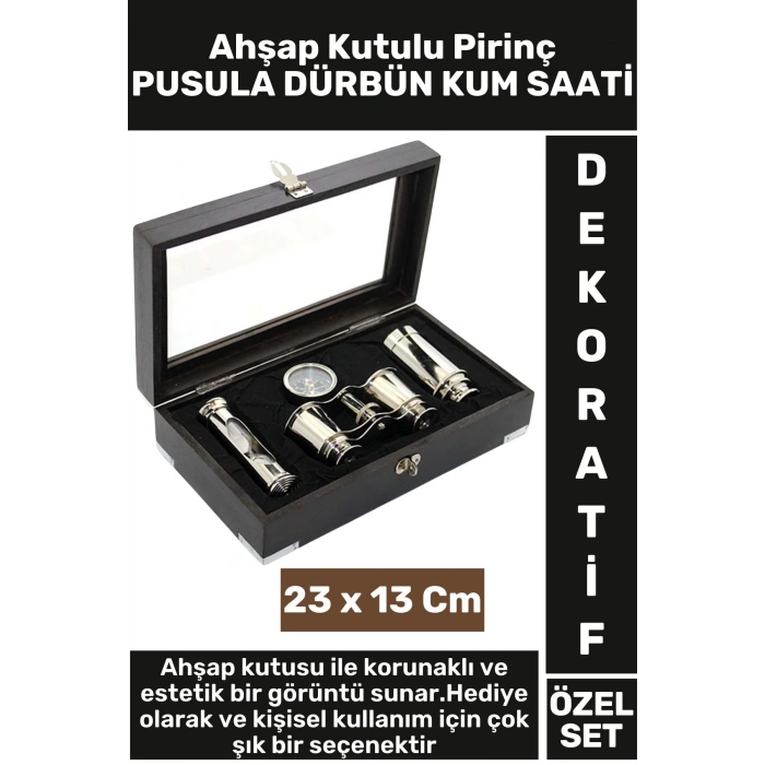 Erkek Arkadaş Hediye Koleksiyon Dekoratif Ahşap Kutulu Pirinç Pusula Dürbün Kum Saati Premium Set