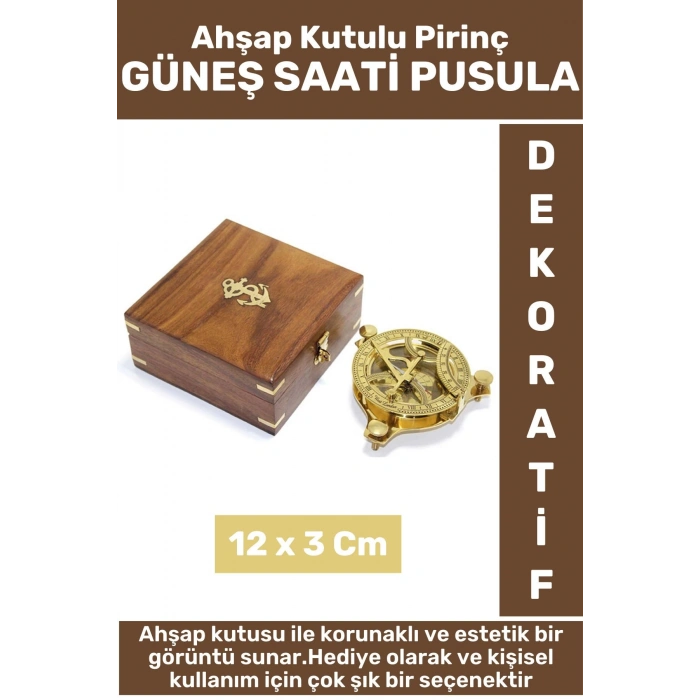 Premium Erkek Arkadaş Sevgili Hediyelik Koleksiyon Dekoratif Ahşap Kutulu Pirinç GÜNEŞ SAATİ PUSULA