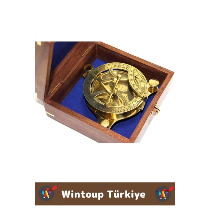 Premium Erkek Arkadaş Sevgili Hediyelik Koleksiyon Dekoratif Ahşap Kutulu Pirinç GÜNEŞ SAATİ PUSULA