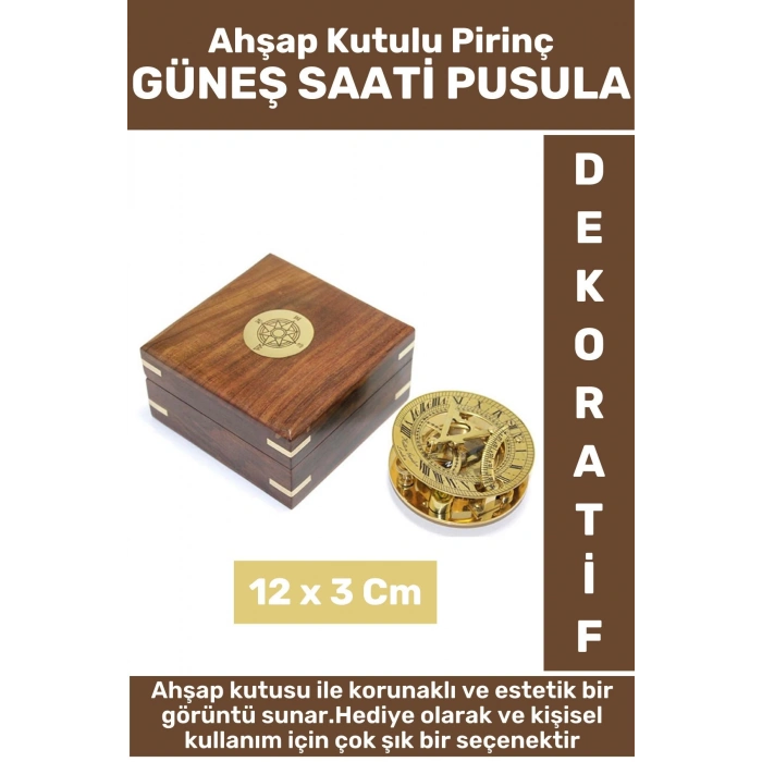 Özel Model Erkek Arkadaş Sevgili Hediyelik Koleksiyon Dekoratif Ahşap Kutu Pirinç GÜNEŞ SAATİ PUSULA
