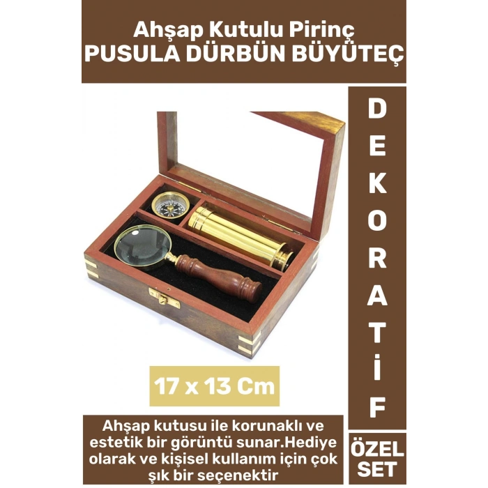 Erkek Arkadaş Hediye Koleksiyon Dekoratif Ahşap Kutulu Pirinç Pusula Dürbün Büyüteç Premium Set