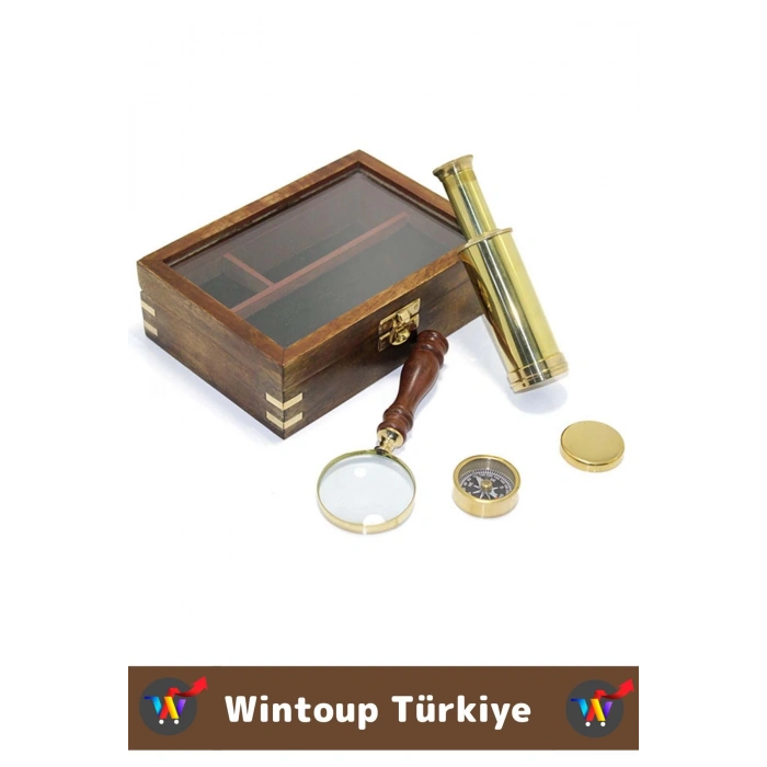 Erkek Arkadaş Hediye Koleksiyon Dekoratif Ahşap Kutulu Pirinç Pusula Dürbün Büyüteç Premium Set