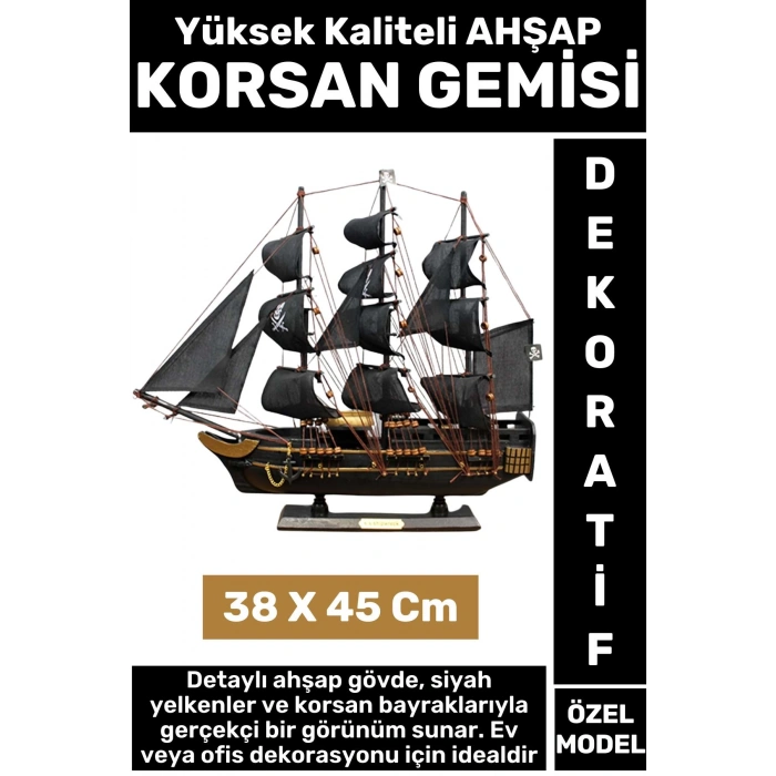 Yüksek Kaliteli Dekoratif Ev Ofis Hediyelik Denizci Koleksiyon Ahşap KORSAN GEMİSİ 38 x 45 Cm