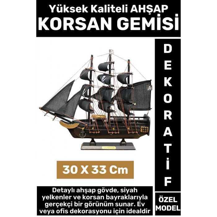 Yüksek Kaliteli Dekoratif Ev Ofis Hediyelik Denizci Koleksiyon Ahşap KORSAN GEMİSİ 30 x 33 Cm
