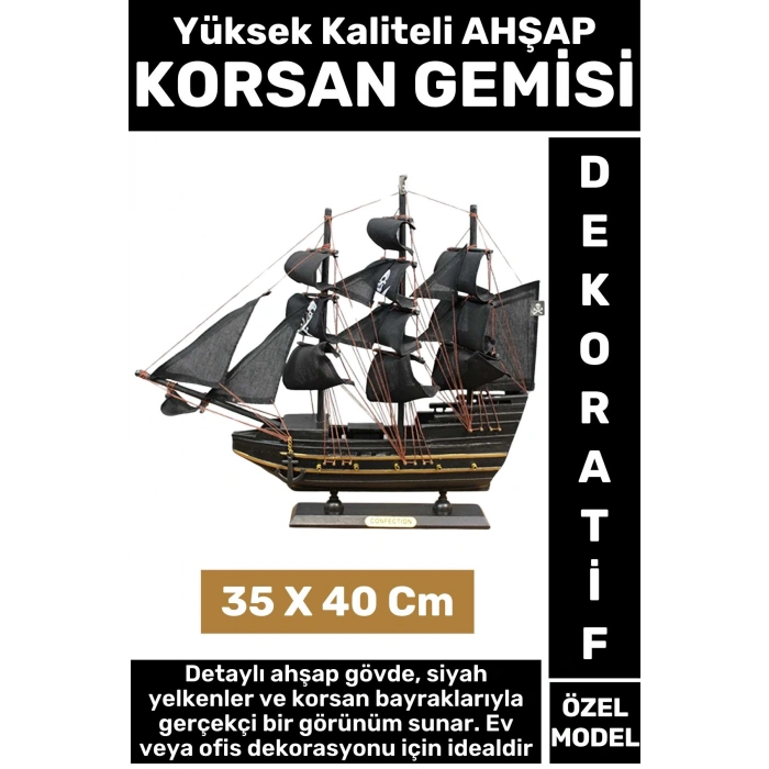 Yüksek Kaliteli Dekoratif Ev Ofis Hediyelik Denizci Koleksiyon Ahşap KORSAN GEMİSİ 35 x 40 Cm