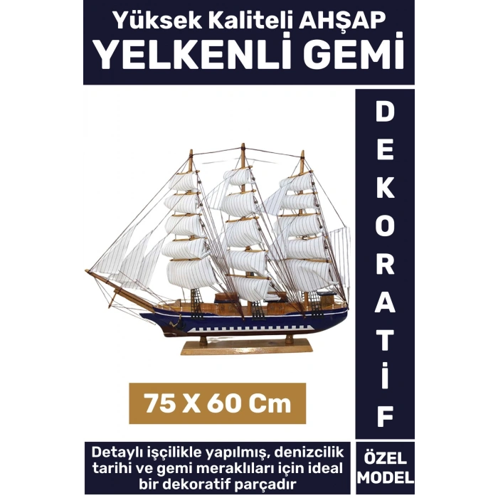 Premium Yüksek Kaliteli Dekoratif Ev Ofis Hediyelik Denizci Koleksiyon Ahşap YELKENLİ GEMİ 75X60 Cm