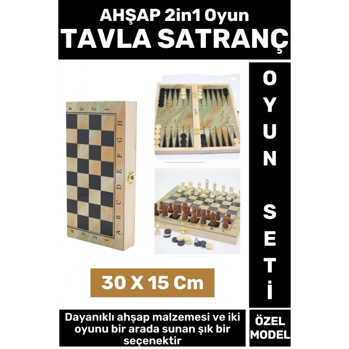 Premium Yüksek Kaliteli Arkadaş Oyun Hediyelik Çok Şık Ahşap Tavla Satranç 2in1 Oyun Seti 30 X 15 Cm