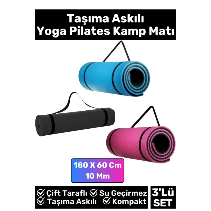 Özel Çift Taraflı Kaymaz Silinebilir Yoga Meditasyon Fitness Kamp Minderi 10 Mm Askılı Mat 3lü Set