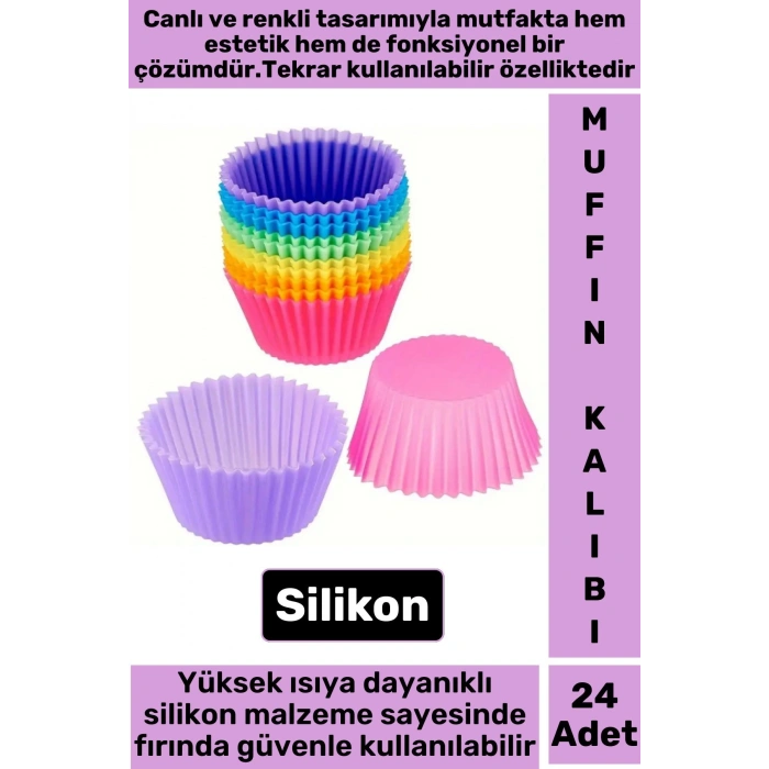 Premium Yüksek Isıya Dayanıklı Esnek Yapışmaz Tekrar Kullanılabilir Silikon Kek Muffin Kalıbı 24lü