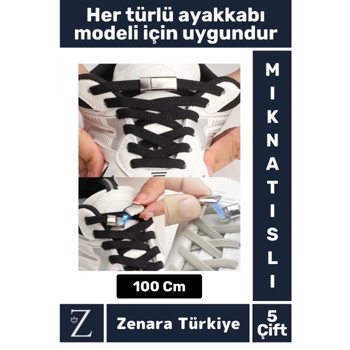 Premium Pratik Şık Klipsli Manyetik Mıknatıslı Lastikli Çocuk Ayakkabı Bağcığı 100 Cm 5 Çift