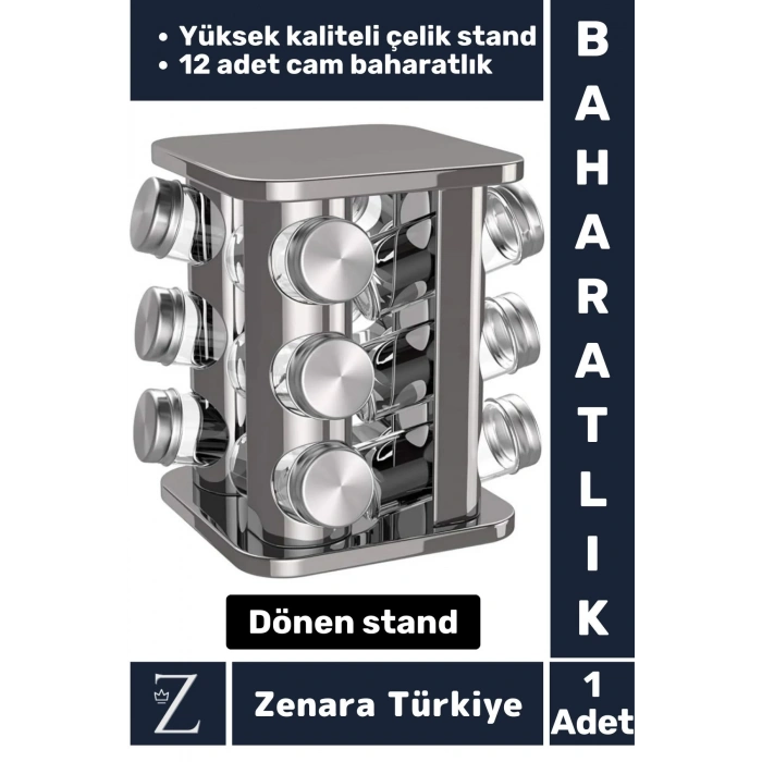 Premium Dayanıklı Çelik Mutfak Kuru Gıda Bakliyat Baharat 12 Cam Şişeli Dönen Baharatlık Standı