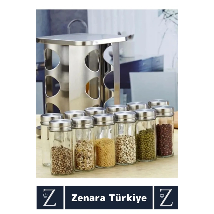 Premium Dayanıklı Çelik Mutfak Kuru Gıda Bakliyat Baharat 12 Cam Şişeli Dönen Baharatlık Standı