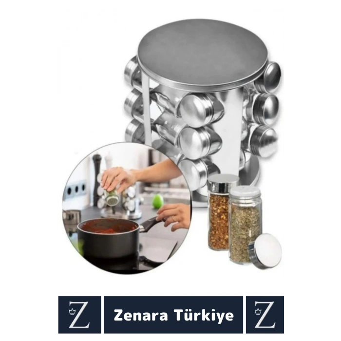Premium Dayanıklı Çelik Mutfak Kuru Gıda Bakliyat Baharat 12 Cam Şişeli Dönen Baharatlık Standı