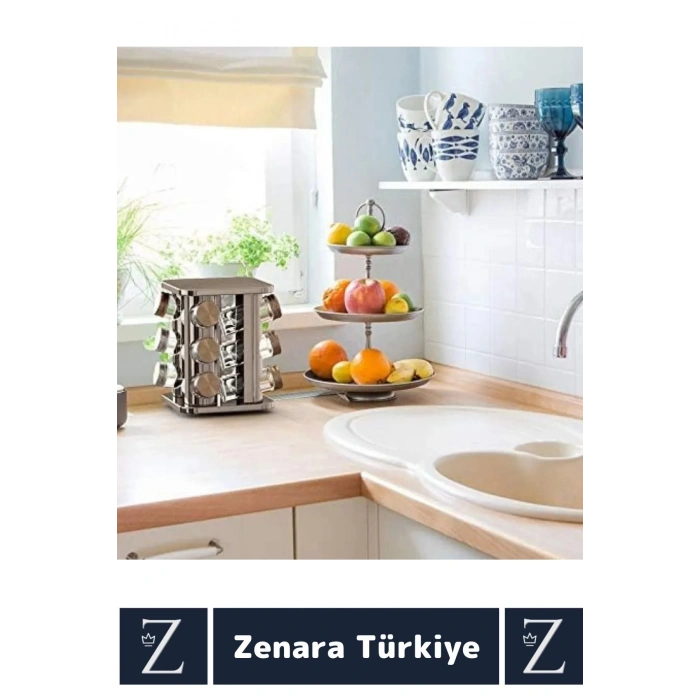Premium Dayanıklı Çelik Mutfak Kuru Gıda Bakliyat Baharat 12 Cam Şişeli Dönen Baharatlık Standı