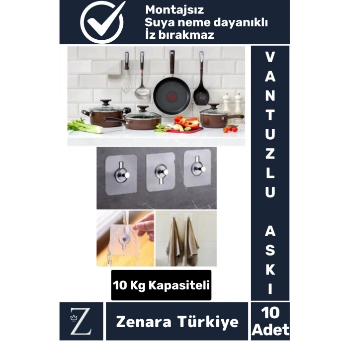 Premium Suya Neme Ekstra Dayanıklı Montajsız Banyo Mutfak Ultra Güçlü Vantuzlu Askı 10 Adet