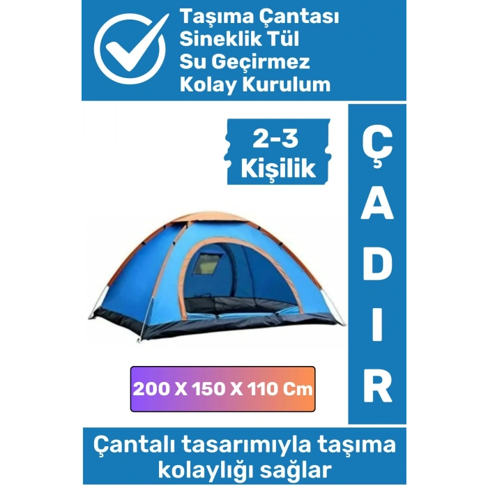 Premium Su Geçirmez Kapı Sineklik Tül Dayanıklı Kolay Kurulum 2-3 Kişilik Çantalı Kamp Deprem Çadırı