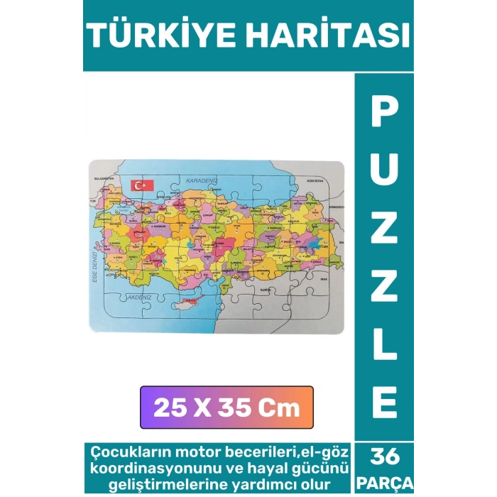 Eğitici Eğlenceli El-Göz Koordinasyonu Motor Becerisi Geliştiren 36 Parça Puzzle TÜRKİYE HARİTASI