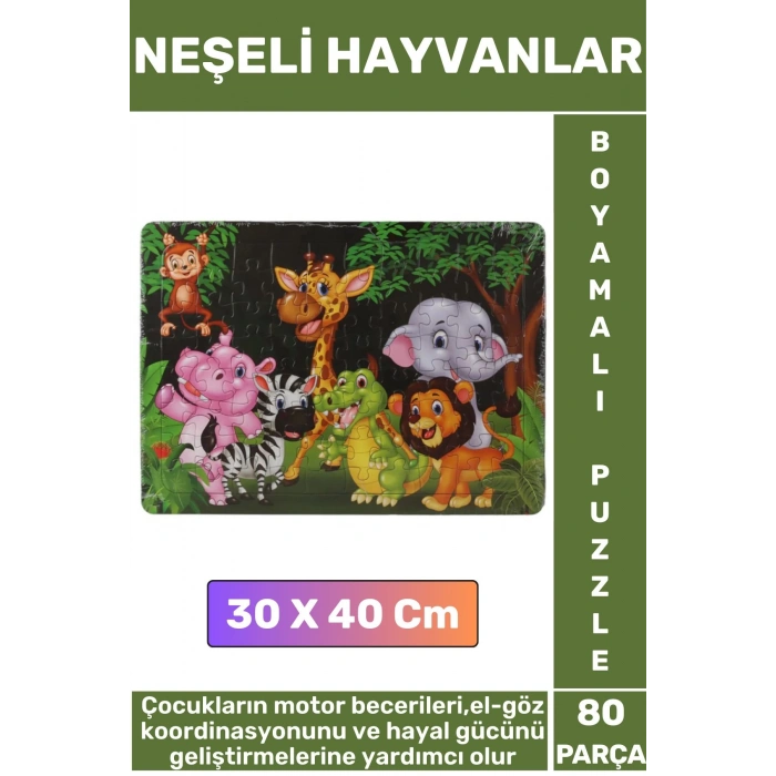 Premium Eğlenceli El Göz Koordinasyonu Motor Becerisi 80 Parça Boyamalı Puzzle NEŞELİ HAYVANLAR