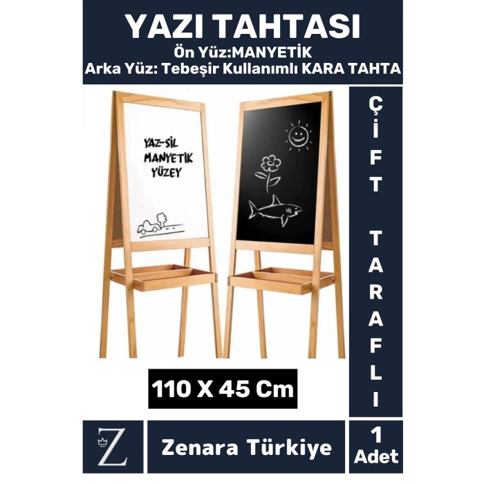 Premium Kalem Silgi Tebeşir Çift Taraflı Manyetik Kara Tahta Ayaklı Ahşap YAZI TAHTASI 110 X 45 Cm