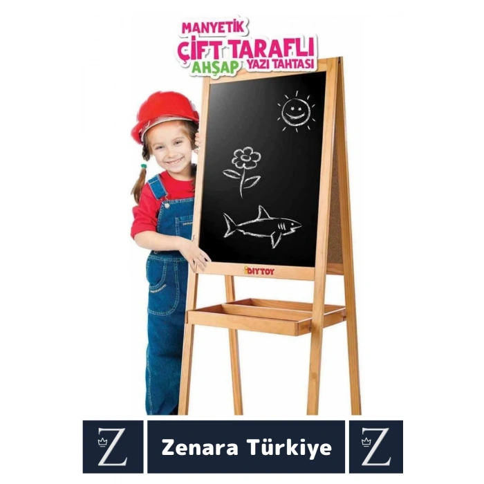 Premium Kalem Silgi Tebeşir Çift Taraflı Manyetik Kara Tahta Ayaklı Ahşap YAZI TAHTASI 110 X 45 Cm