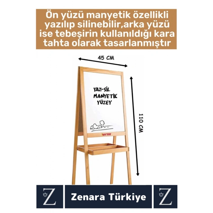 Premium Kalem Silgi Tebeşir Çift Taraflı Manyetik Kara Tahta Ayaklı Ahşap YAZI TAHTASI 110 X 45 Cm