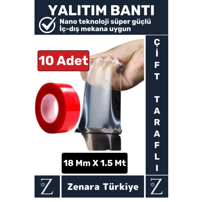 Premium Nano Teknoloji Güçlü Tamir Cam İç Dış Mekan Montaj Çift Taraflı Şeffaf Bant 1.5 Mt X 10 Adet